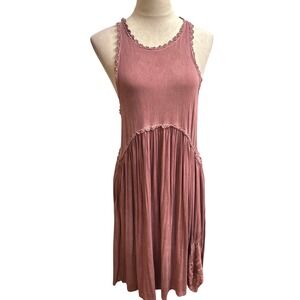 POL Boho Crochet Trim Racerback Mini Dress Dusty Rose Mauve Small